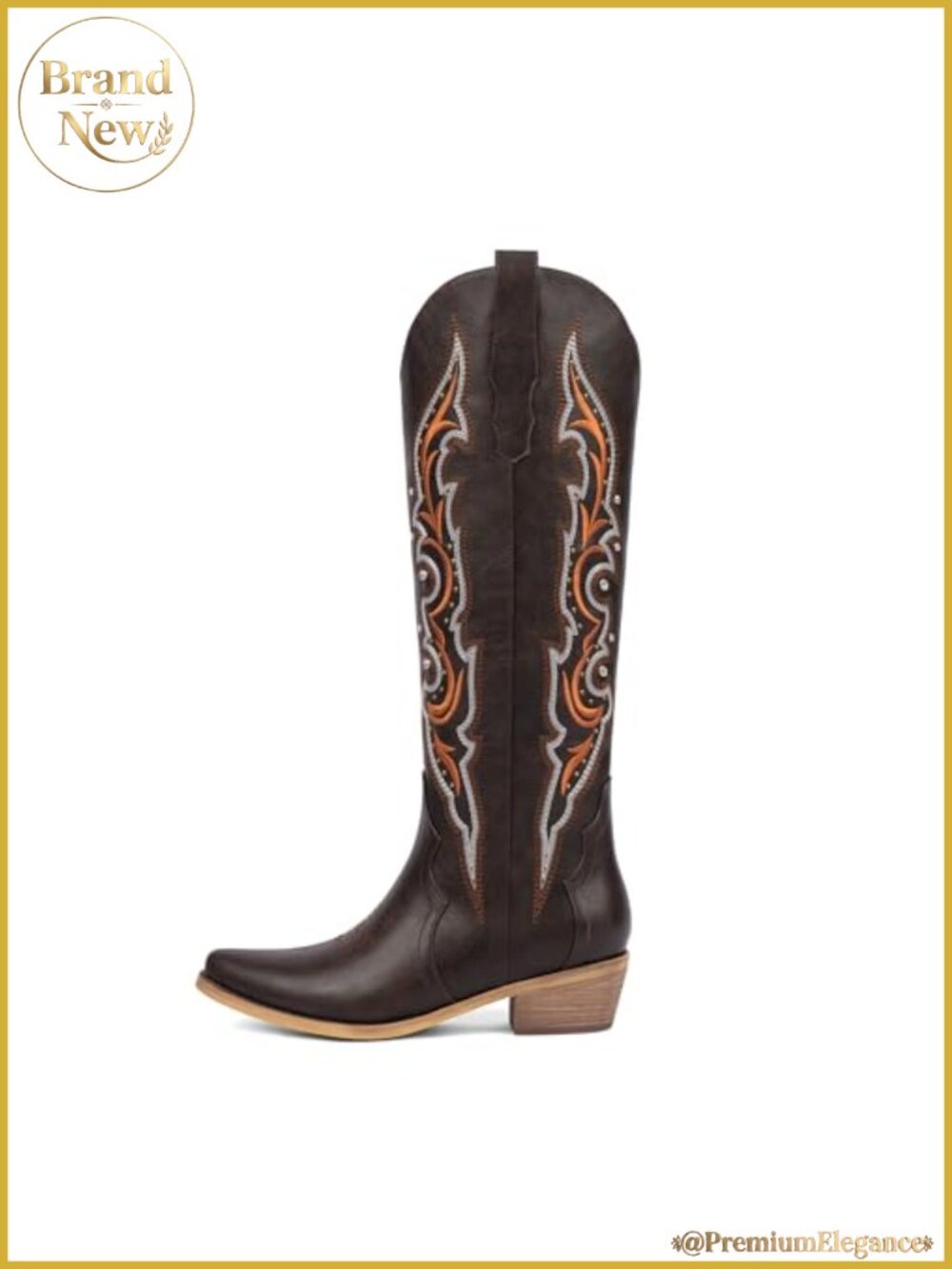 Rhinestone Embroidered Western Knee High Cowboy Boots Faux Leather Chunky Heel